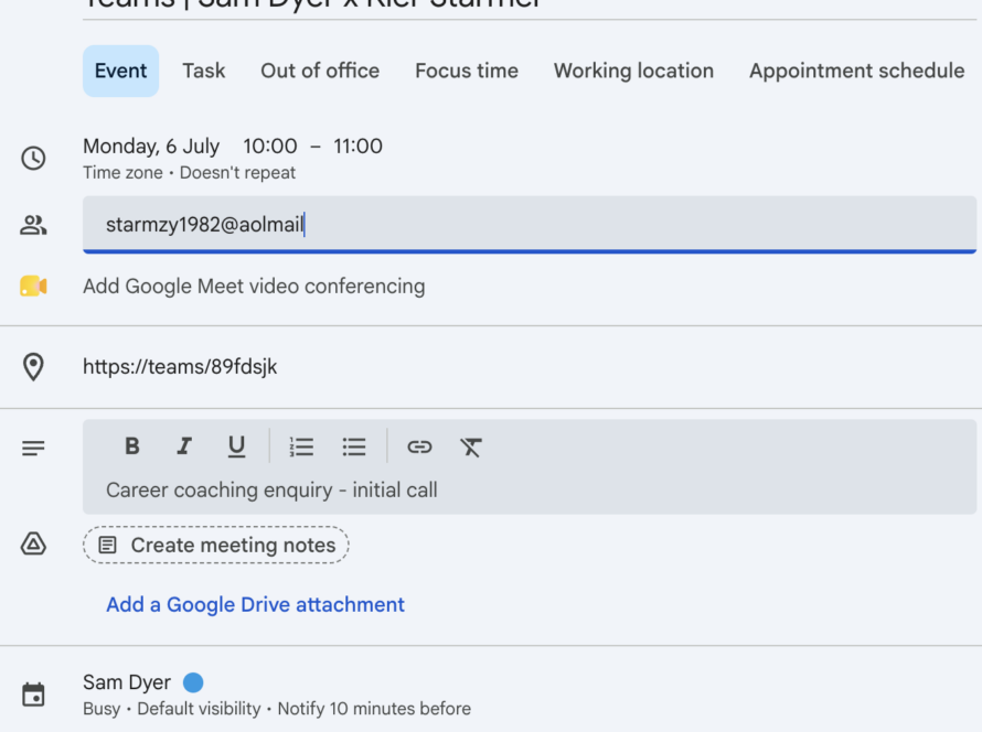 Calendar invite example