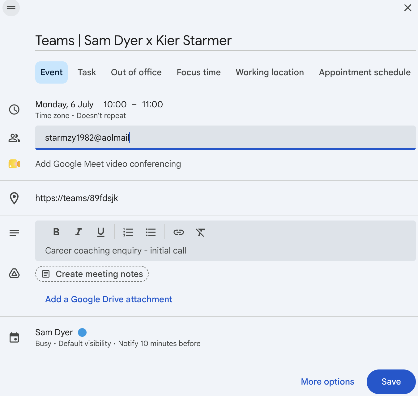 Calendar invite example